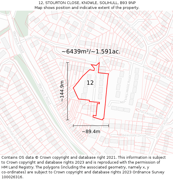 12, STOURTON CLOSE, KNOWLE, SOLIHULL, B93 9NP: Plot and title map