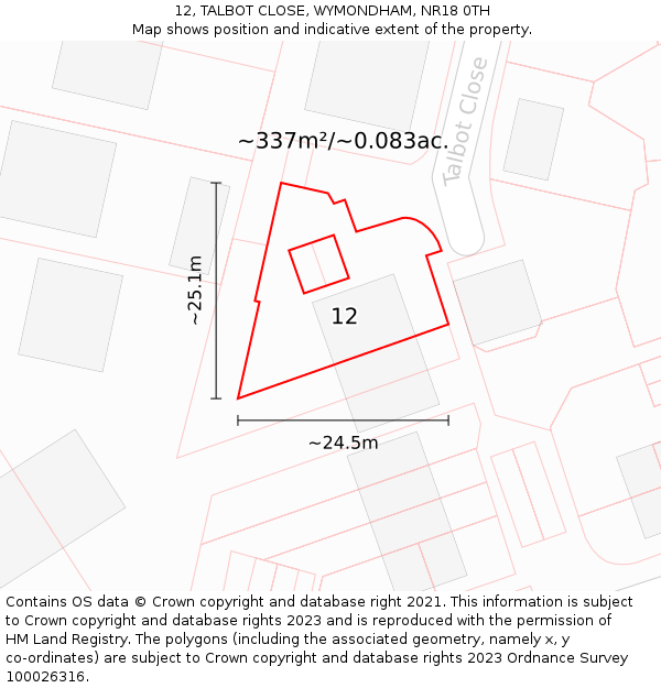 12, TALBOT CLOSE, WYMONDHAM, NR18 0TH: Plot and title map