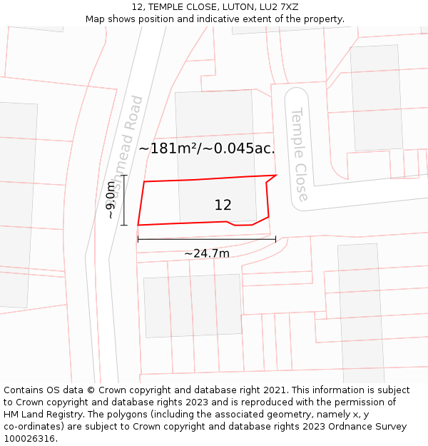 12, TEMPLE CLOSE, LUTON, LU2 7XZ: Plot and title map