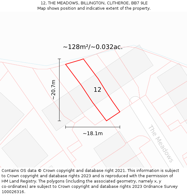 12, THE MEADOWS, BILLINGTON, CLITHEROE, BB7 9LE: Plot and title map