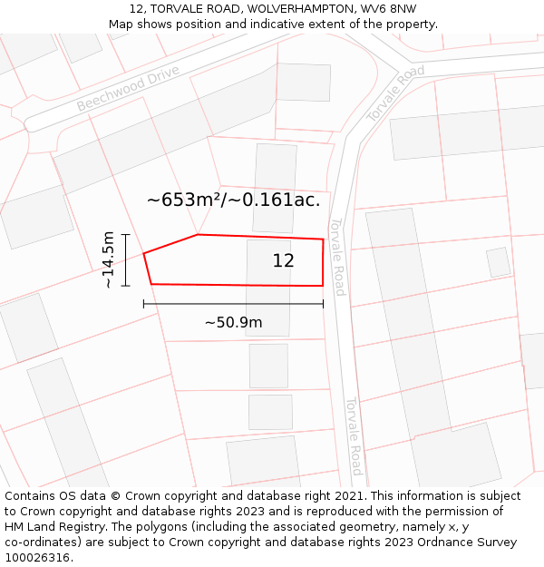 12, TORVALE ROAD, WOLVERHAMPTON, WV6 8NW: Plot and title map