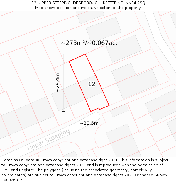 12, UPPER STEEPING, DESBOROUGH, KETTERING, NN14 2SQ: Plot and title map