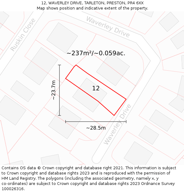 12, WAVERLEY DRIVE, TARLETON, PRESTON, PR4 6XX: Plot and title map