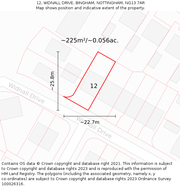 12, WIDNALL DRIVE, BINGHAM, NOTTINGHAM, NG13 7AR: Plot and title map