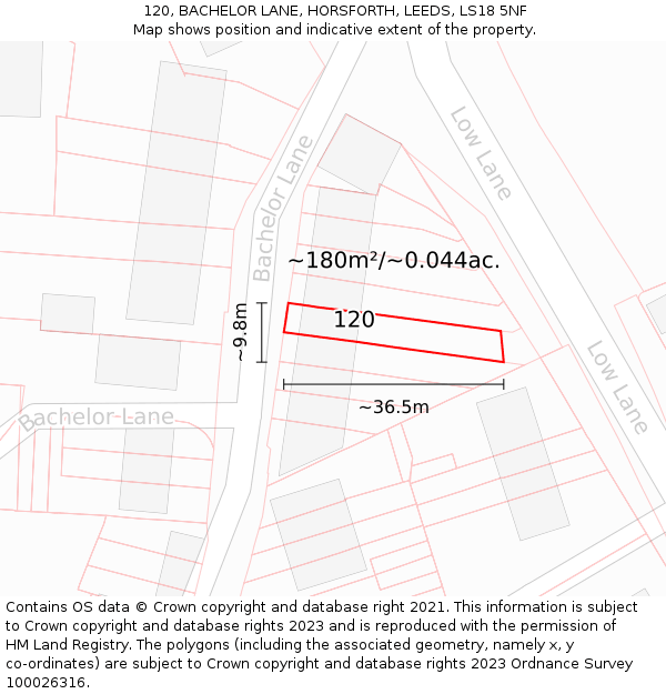 120, BACHELOR LANE, HORSFORTH, LEEDS, LS18 5NF: Plot and title map