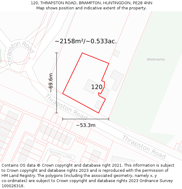 120, THRAPSTON ROAD, BRAMPTON, HUNTINGDON, PE28 4NN: Plot and title map