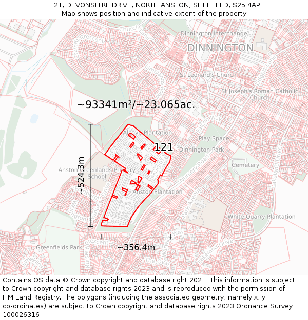 121, DEVONSHIRE DRIVE, NORTH ANSTON, SHEFFIELD, S25 4AP: Plot and title map