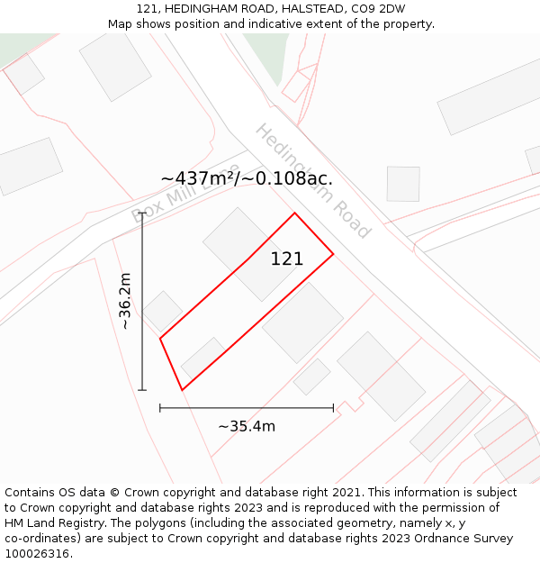 121, HEDINGHAM ROAD, HALSTEAD, CO9 2DW: Plot and title map