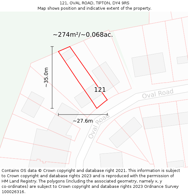 121, OVAL ROAD, TIPTON, DY4 9RS: Plot and title map