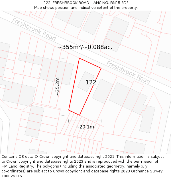 122, FRESHBROOK ROAD, LANCING, BN15 8DF: Plot and title map