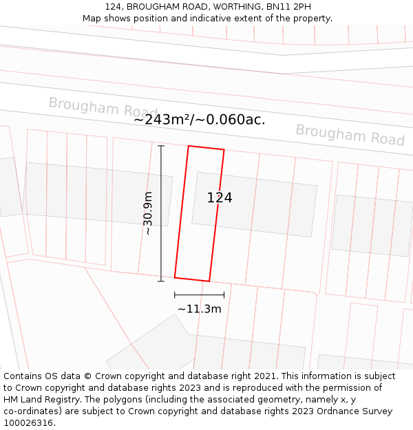 124, BROUGHAM ROAD, WORTHING, BN11 2PH: Plot and title map