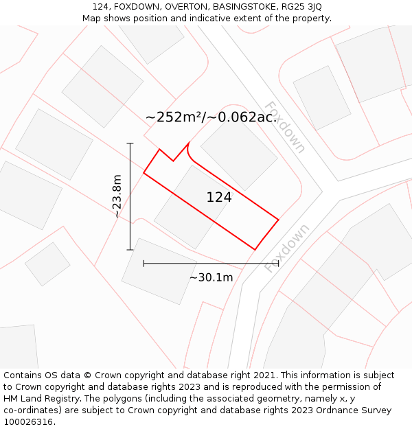 124, FOXDOWN, OVERTON, BASINGSTOKE, RG25 3JQ: Plot and title map