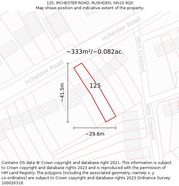 125, IRCHESTER ROAD, RUSHDEN, NN10 9QX: Plot and title map