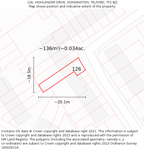 126, HIGHLANDER DRIVE, DONNINGTON, TELFORD, TF2 8JZ: Plot and title map