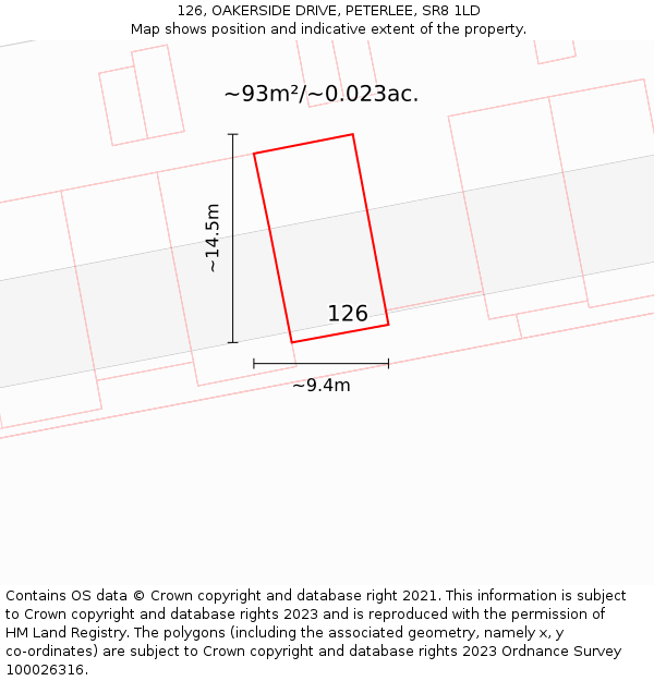 126, OAKERSIDE DRIVE, PETERLEE, SR8 1LD: Plot and title map