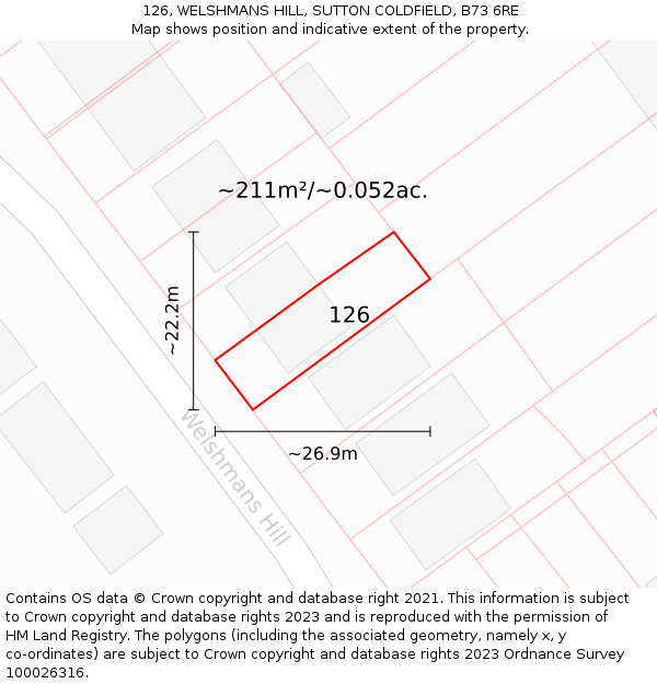 126, WELSHMANS HILL, SUTTON COLDFIELD, B73 6RE: Plot and title map