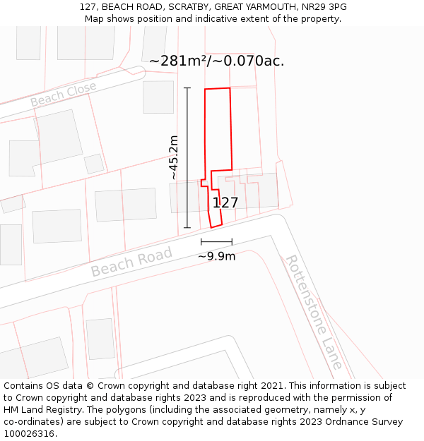 127, BEACH ROAD, SCRATBY, GREAT YARMOUTH, NR29 3PG: Plot and title map