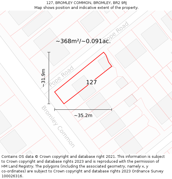 127, BROMLEY COMMON, BROMLEY, BR2 9RJ: Plot and title map