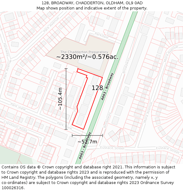 128, BROADWAY, CHADDERTON, OLDHAM, OL9 0AD: Plot and title map