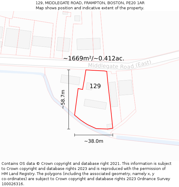 129, MIDDLEGATE ROAD, FRAMPTON, BOSTON, PE20 1AR: Plot and title map