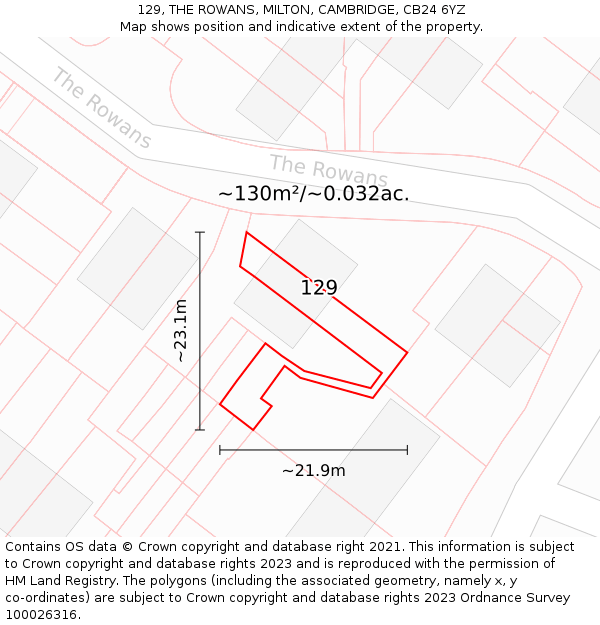 129, THE ROWANS, MILTON, CAMBRIDGE, CB24 6YZ: Plot and title map