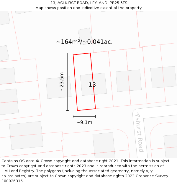 13, ASHURST ROAD, LEYLAND, PR25 5TS: Plot and title map