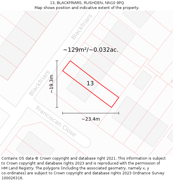 13, BLACKFRIARS, RUSHDEN, NN10 9PQ: Plot and title map