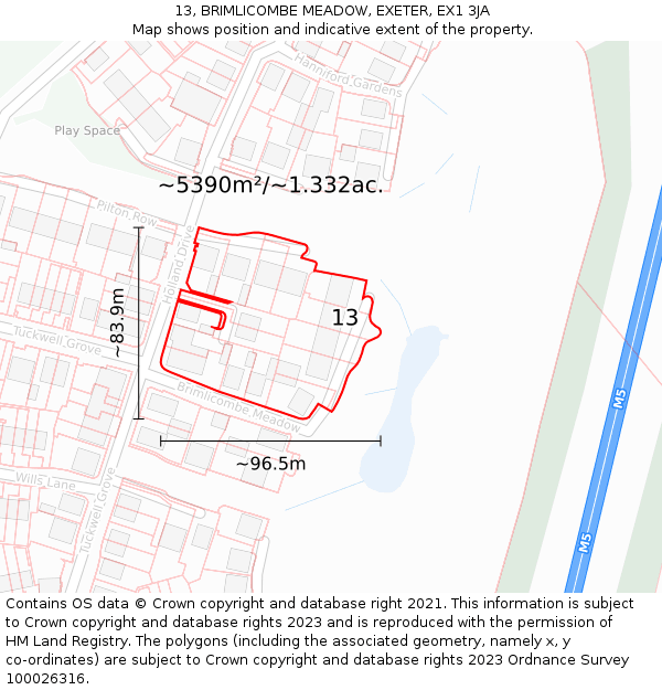 13, BRIMLICOMBE MEADOW, EXETER, EX1 3JA: Plot and title map