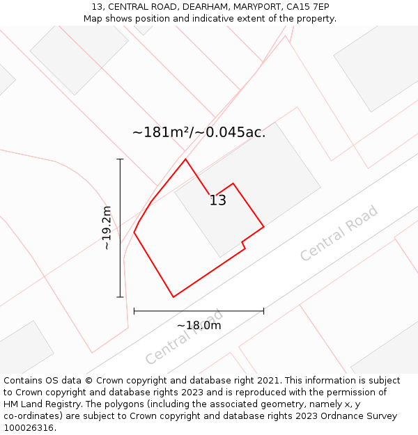 13, CENTRAL ROAD, DEARHAM, MARYPORT, CA15 7EP: Plot and title map