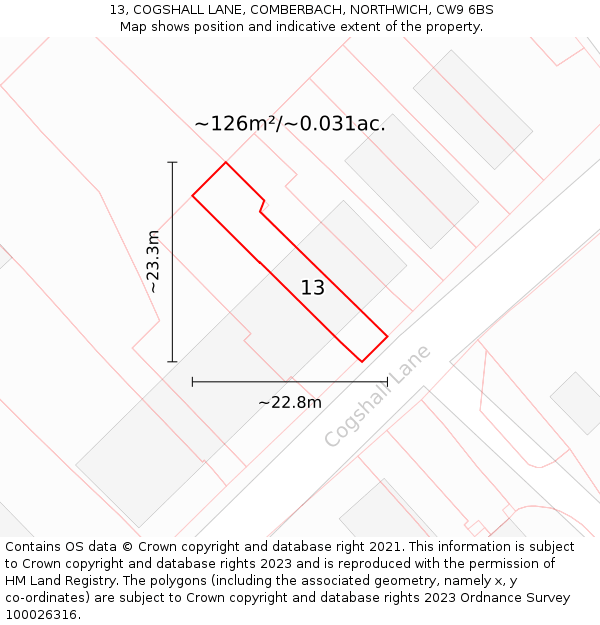 13, COGSHALL LANE, COMBERBACH, NORTHWICH, CW9 6BS: Plot and title map