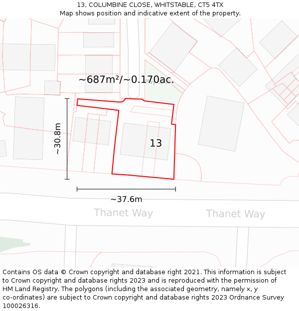 13, COLUMBINE CLOSE, WHITSTABLE, CT5 4TX: Plot and title map