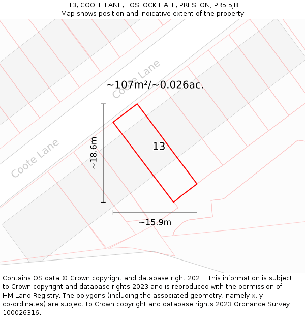 13, COOTE LANE, LOSTOCK HALL, PRESTON, PR5 5JB: Plot and title map