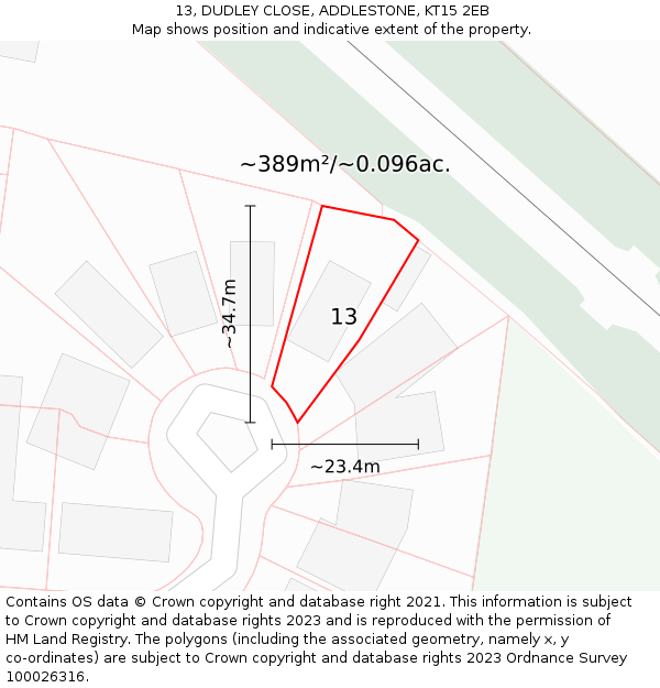 13, DUDLEY CLOSE, ADDLESTONE, KT15 2EB: Plot and title map
