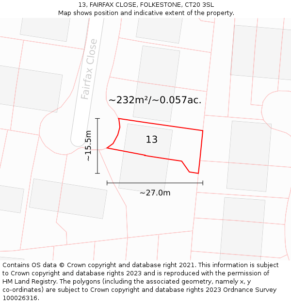 13, FAIRFAX CLOSE, FOLKESTONE, CT20 3SL: Plot and title map