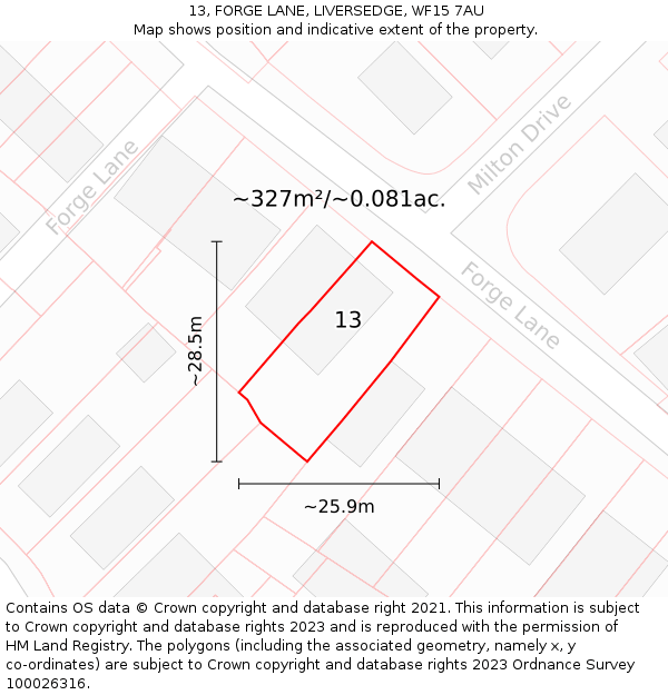 13, FORGE LANE, LIVERSEDGE, WF15 7AU: Plot and title map