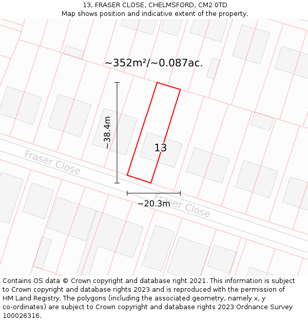 13, FRASER CLOSE, CHELMSFORD, CM2 0TD: Plot and title map