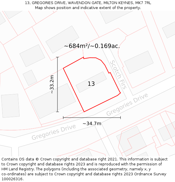 13, GREGORIES DRIVE, WAVENDON GATE, MILTON KEYNES, MK7 7RL: Plot and title map