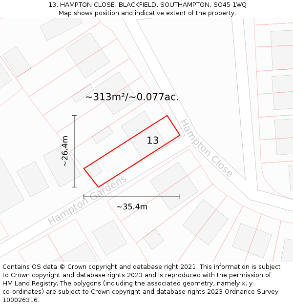 13, HAMPTON CLOSE, BLACKFIELD, SOUTHAMPTON, SO45 1WQ: Plot and title map