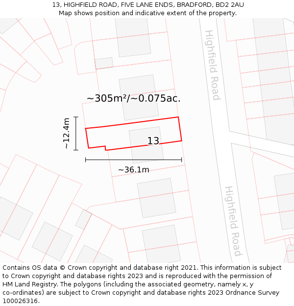 13, HIGHFIELD ROAD, FIVE LANE ENDS, BRADFORD, BD2 2AU: Plot and title map