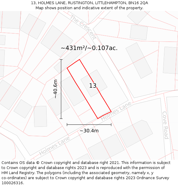 13, HOLMES LANE, RUSTINGTON, LITTLEHAMPTON, BN16 2QA: Plot and title map