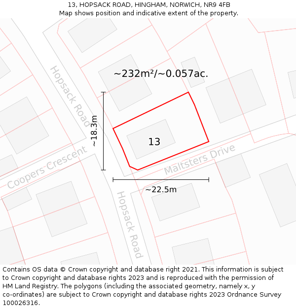 13, HOPSACK ROAD, HINGHAM, NORWICH, NR9 4FB: Plot and title map