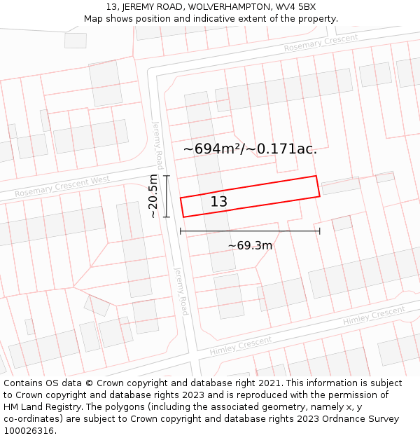 13, JEREMY ROAD, WOLVERHAMPTON, WV4 5BX: Plot and title map