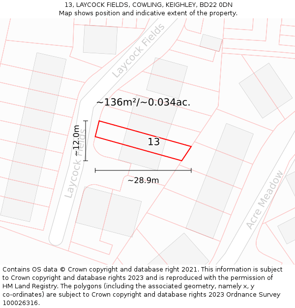 13, LAYCOCK FIELDS, COWLING, KEIGHLEY, BD22 0DN: Plot and title map