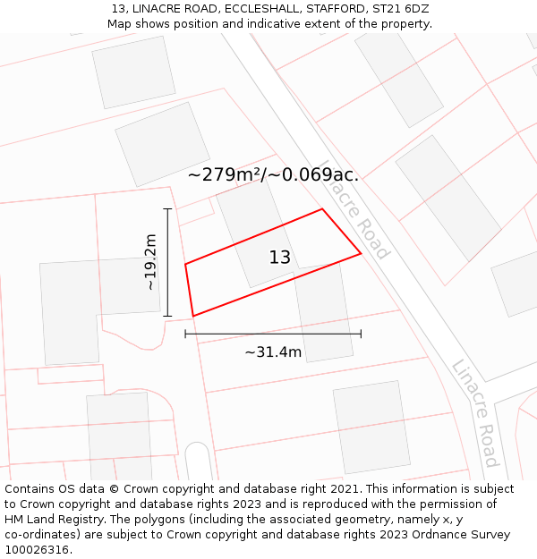 13, LINACRE ROAD, ECCLESHALL, STAFFORD, ST21 6DZ: Plot and title map