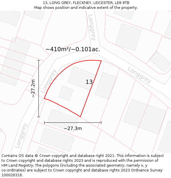 13, LONG GREY, FLECKNEY, LEICESTER, LE8 8TB: Plot and title map