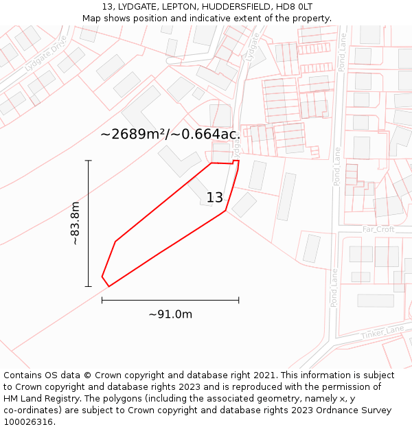 13, LYDGATE, LEPTON, HUDDERSFIELD, HD8 0LT: Plot and title map