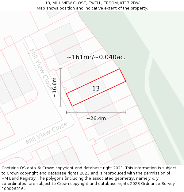 13, MILL VIEW CLOSE, EWELL, EPSOM, KT17 2DW: Plot and title map