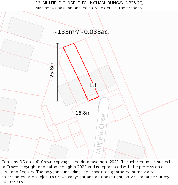13, MILLFIELD CLOSE, DITCHINGHAM, BUNGAY, NR35 2QJ: Plot and title map
