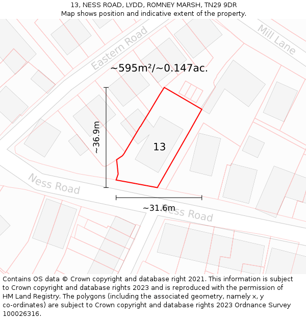 13, NESS ROAD, LYDD, ROMNEY MARSH, TN29 9DR: Plot and title map