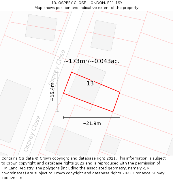 13, OSPREY CLOSE, LONDON, E11 1SY: Plot and title map